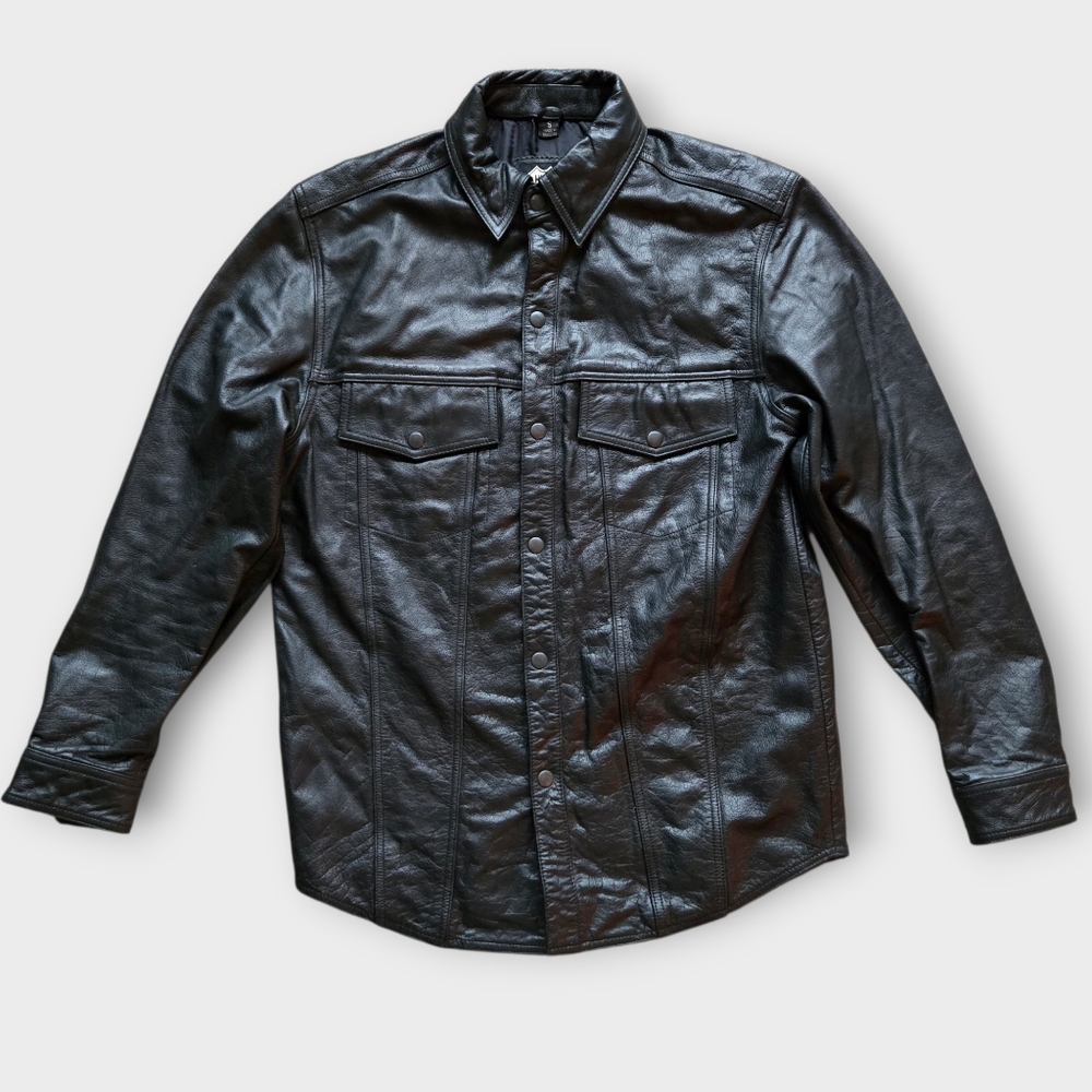 Highway One Women’s Black Leather Trucker Jacket Snap Button Front. Size:S